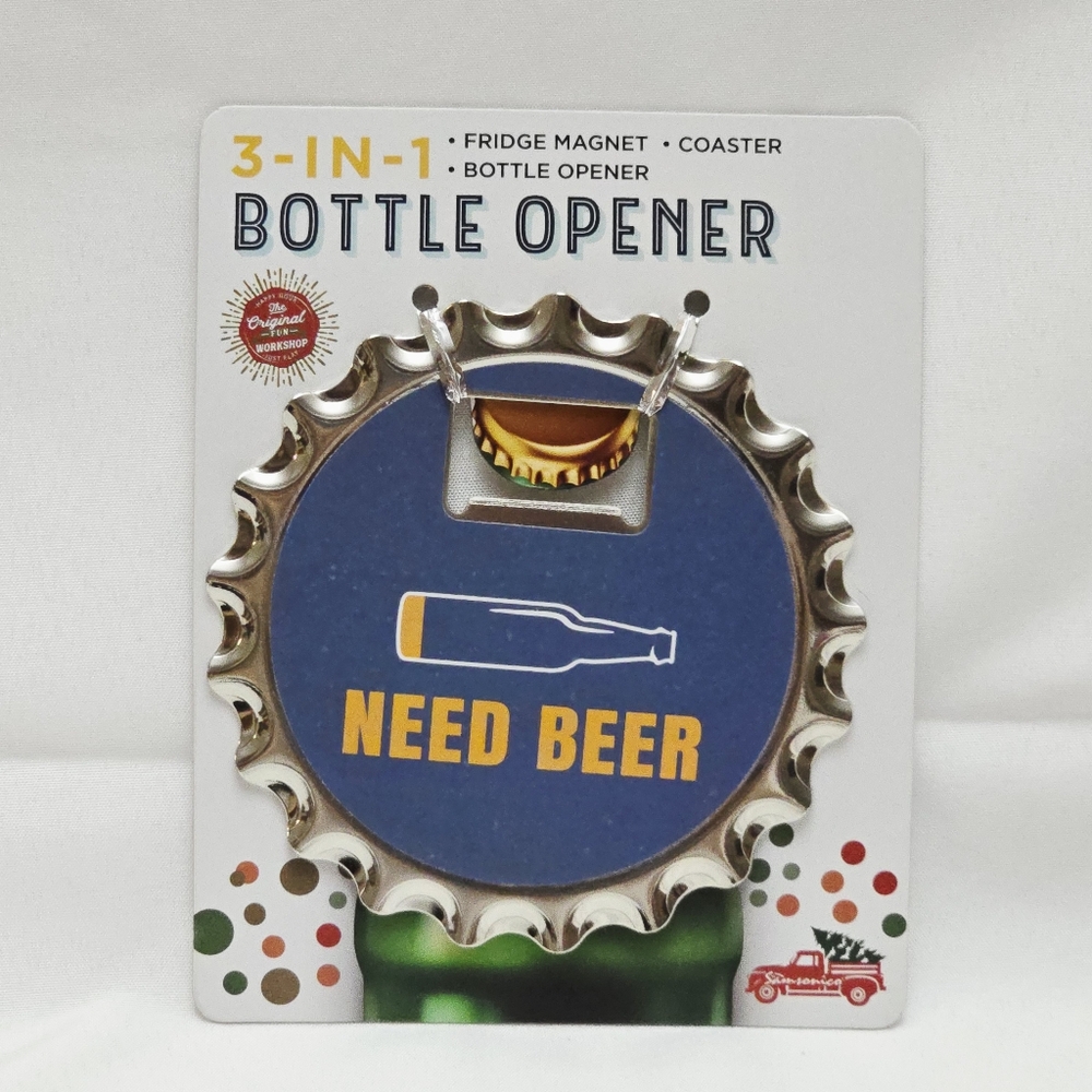 3-in-1 Bottle Opener Fridge Magnet Coaster NEED BEER Man Cave Beer Cap Shape NEW